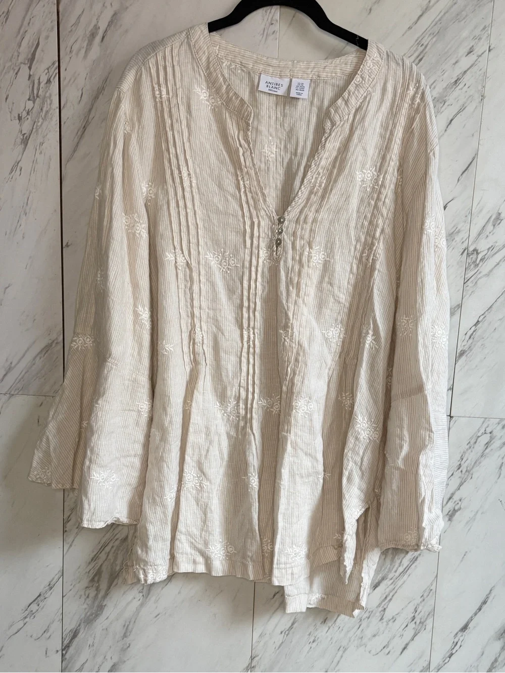 Antibes Blanc Cream Linen Embroidered Flare Sleeve Pintuck Tunic Plus Size 3X